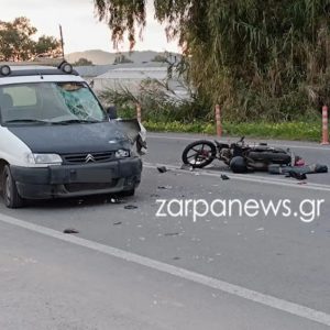 Χανιά: Σφοδρό τροχαίο με μικρό βαν και μοτοσικλέτα – Τραυματίας ο οδηγός της μηχανής